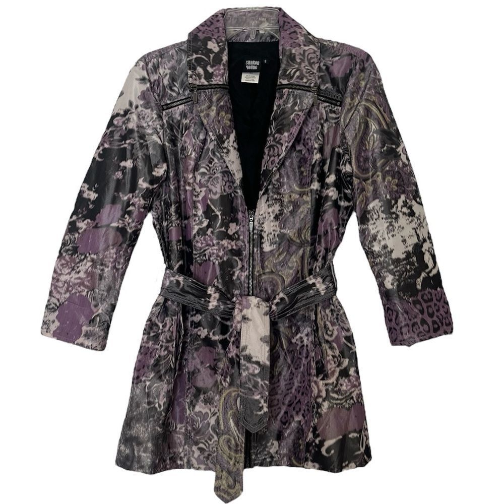 Sharon Young Artsy Trench Coat Size S Purple Zip Mid Length Belted Funky Jacket